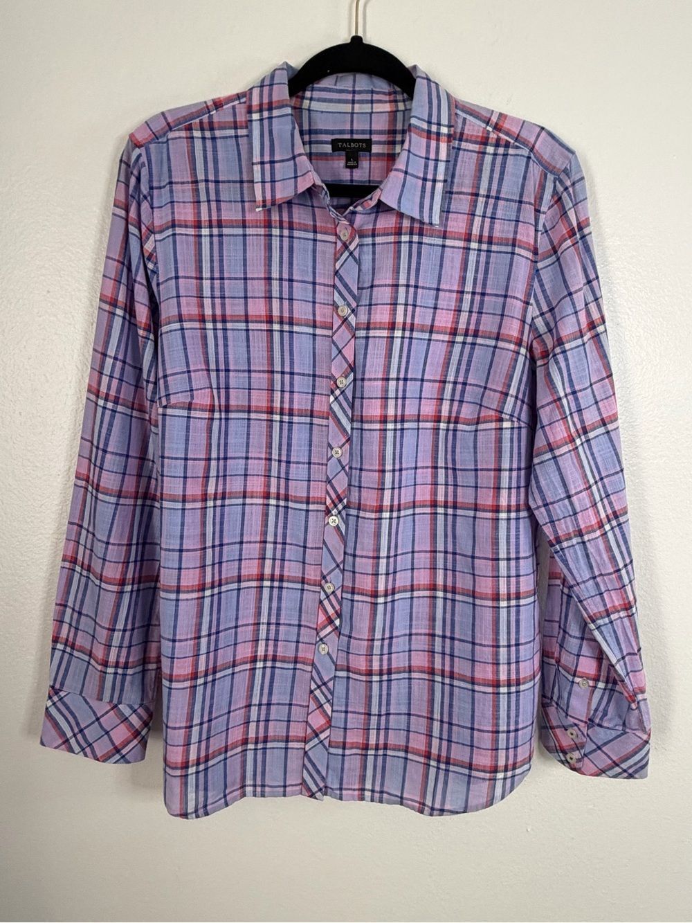 Talbots Shirt Blue Pink Plaid Button Front Size L Cotton Long Sleeve Lightweight